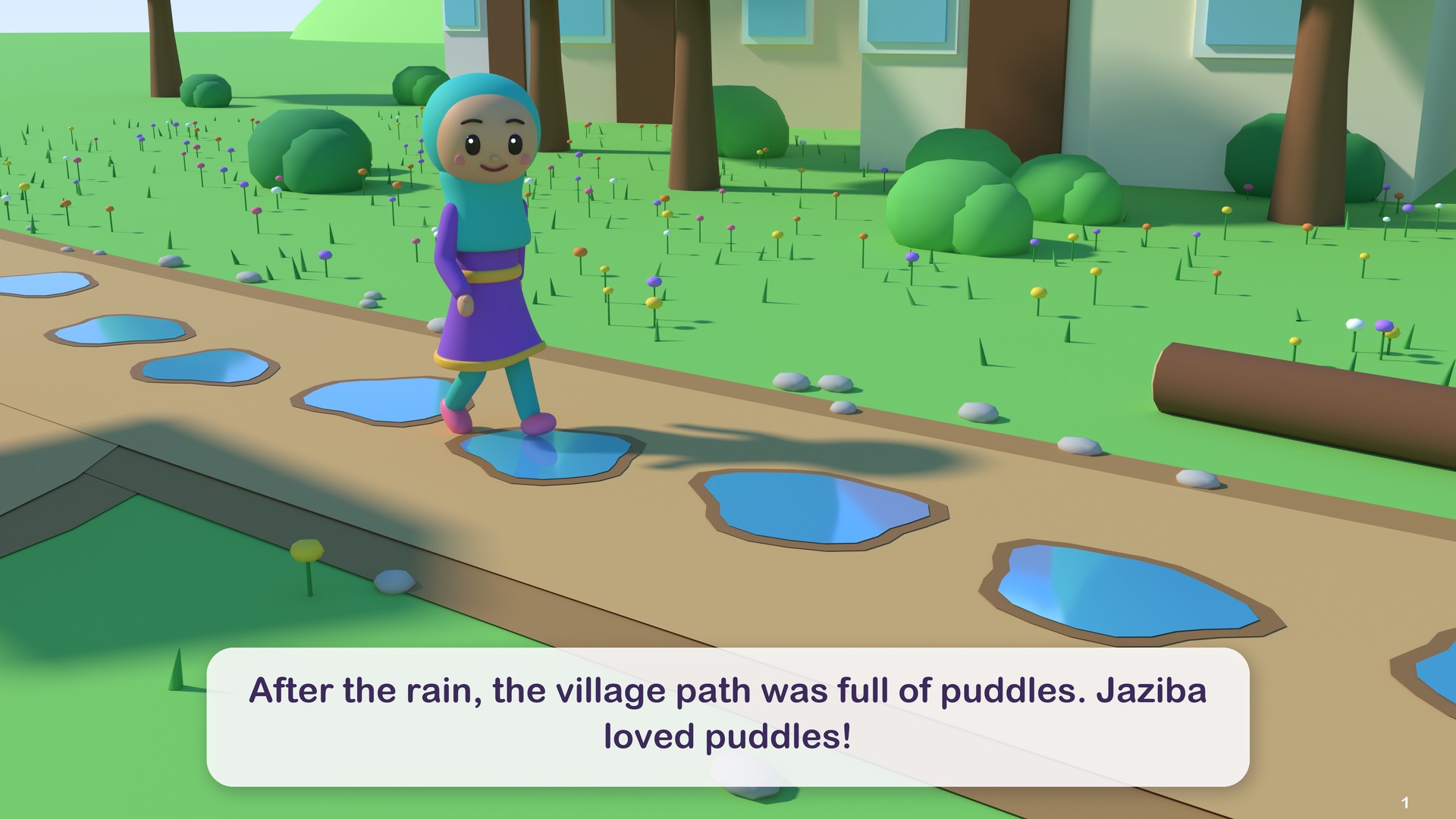 After the rain, the village path was full of puddles. Jaziba loved puddles!