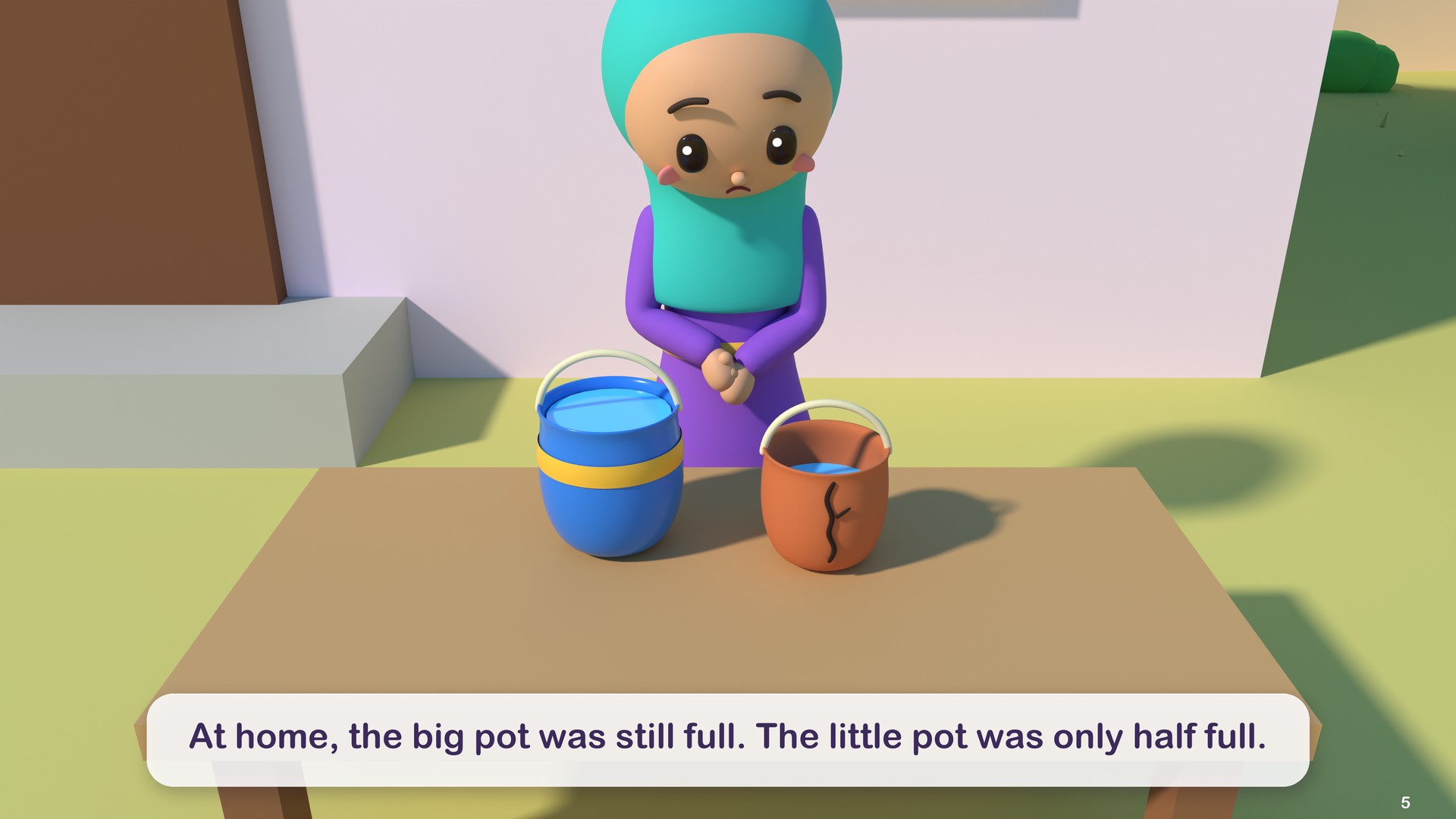 At home, the big pot was still full. The little pot was only half full.