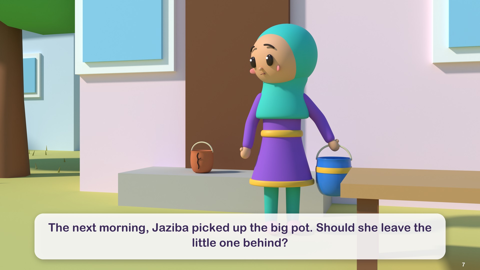 The next morning, Jaziba picked up the big pot. Should she leave the little one behind?