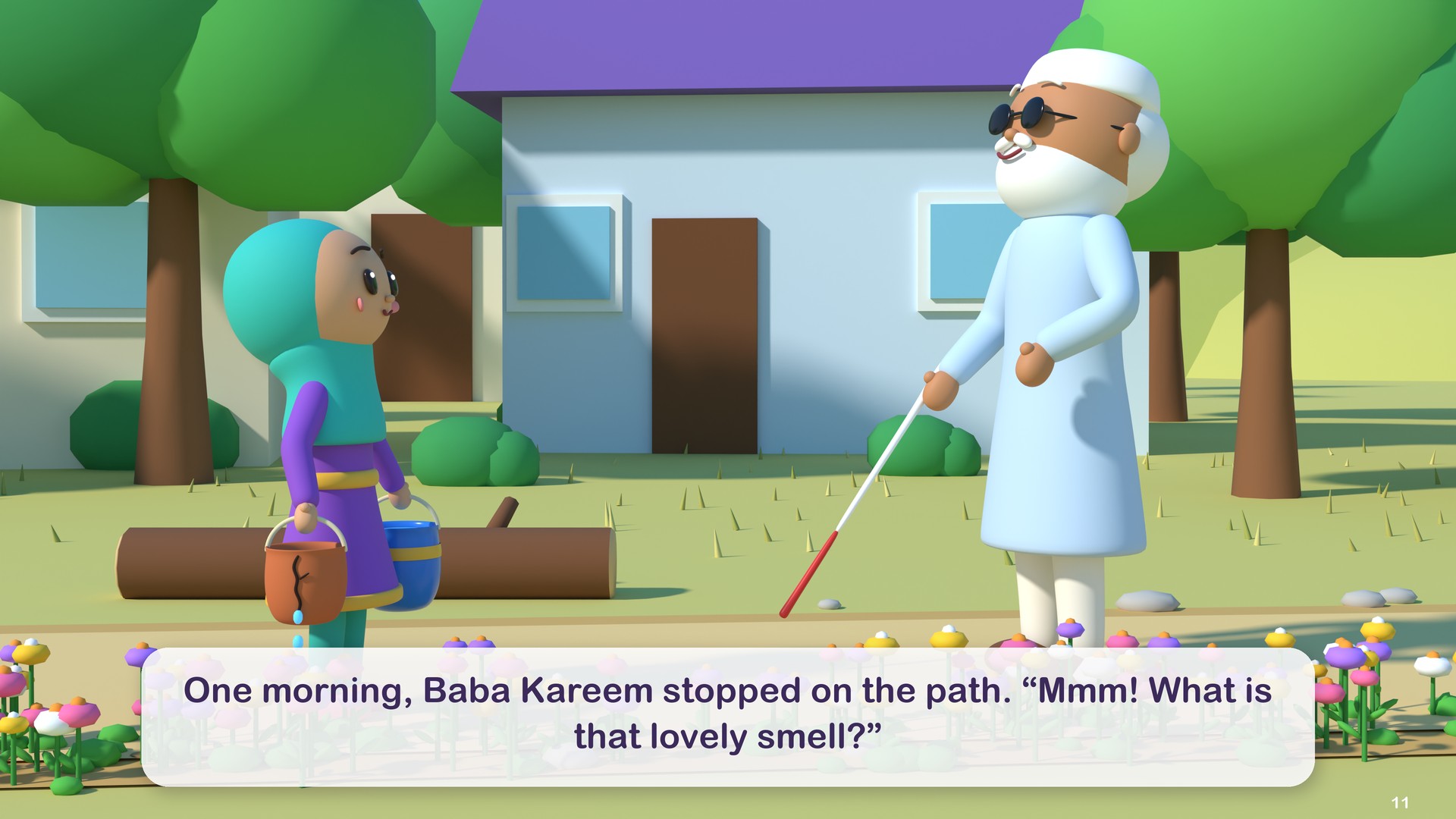 One morning, Baba Kareem stopped on the path. “Mmm! What is that lovely smell?”