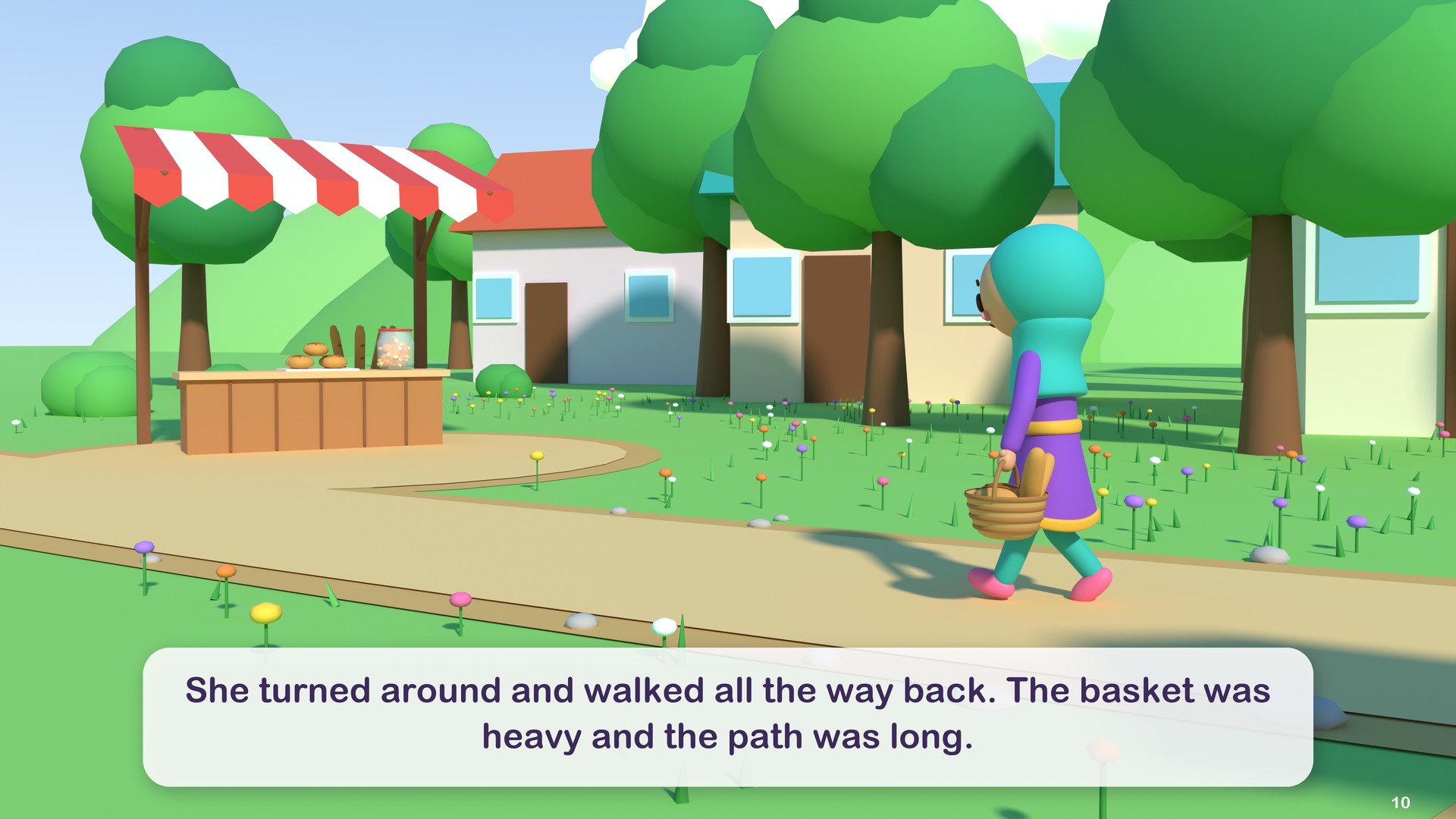 She turned around and walked all the way back. The basket was heavy and the path was long.