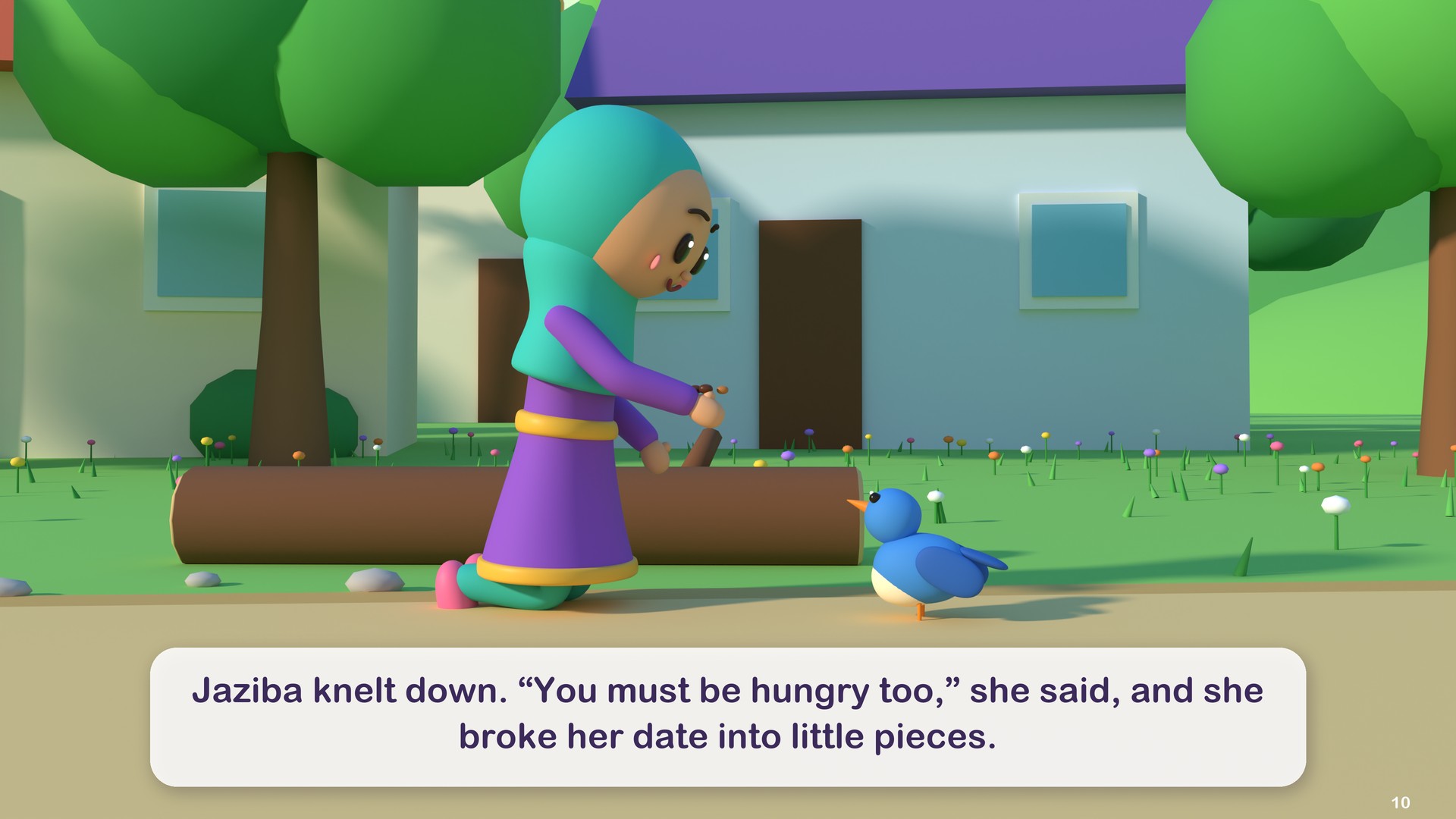 Jaziba knelt down. “You must be hungry too,” she said, and she broke her date into little pieces.