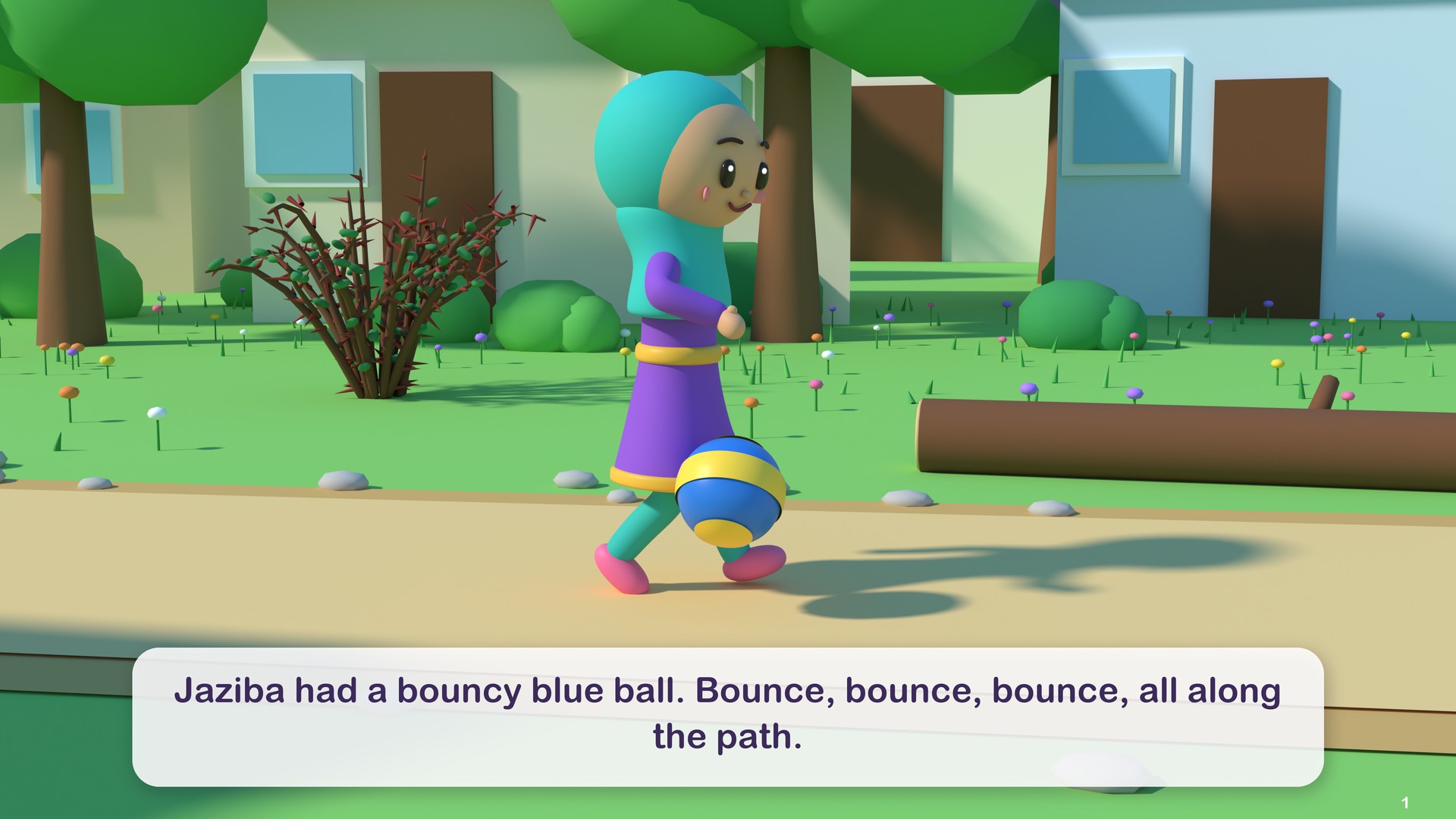 Jaziba had a bouncy blue ball. Bounce, bounce, bounce, all along the path.