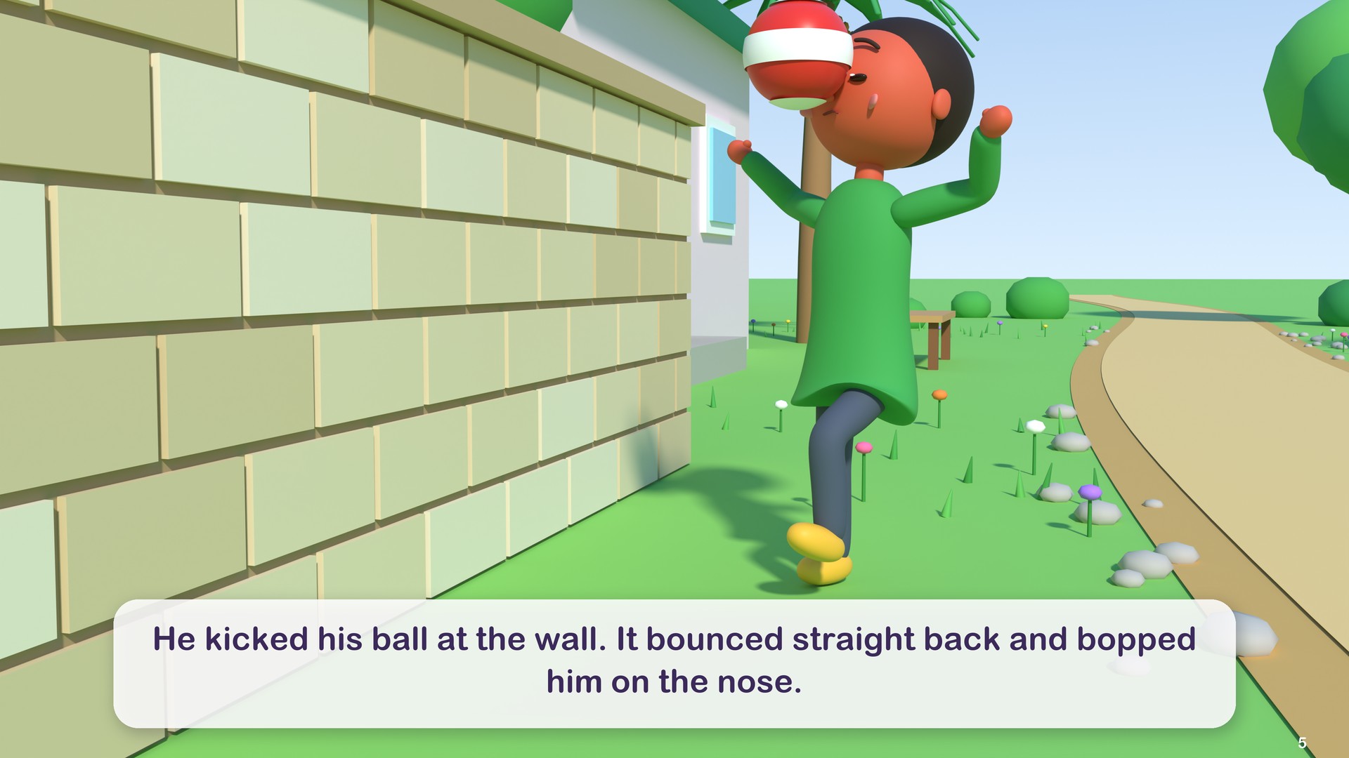 He kicked his ball at the wall. It bounced straight back and bopped him on the nose.