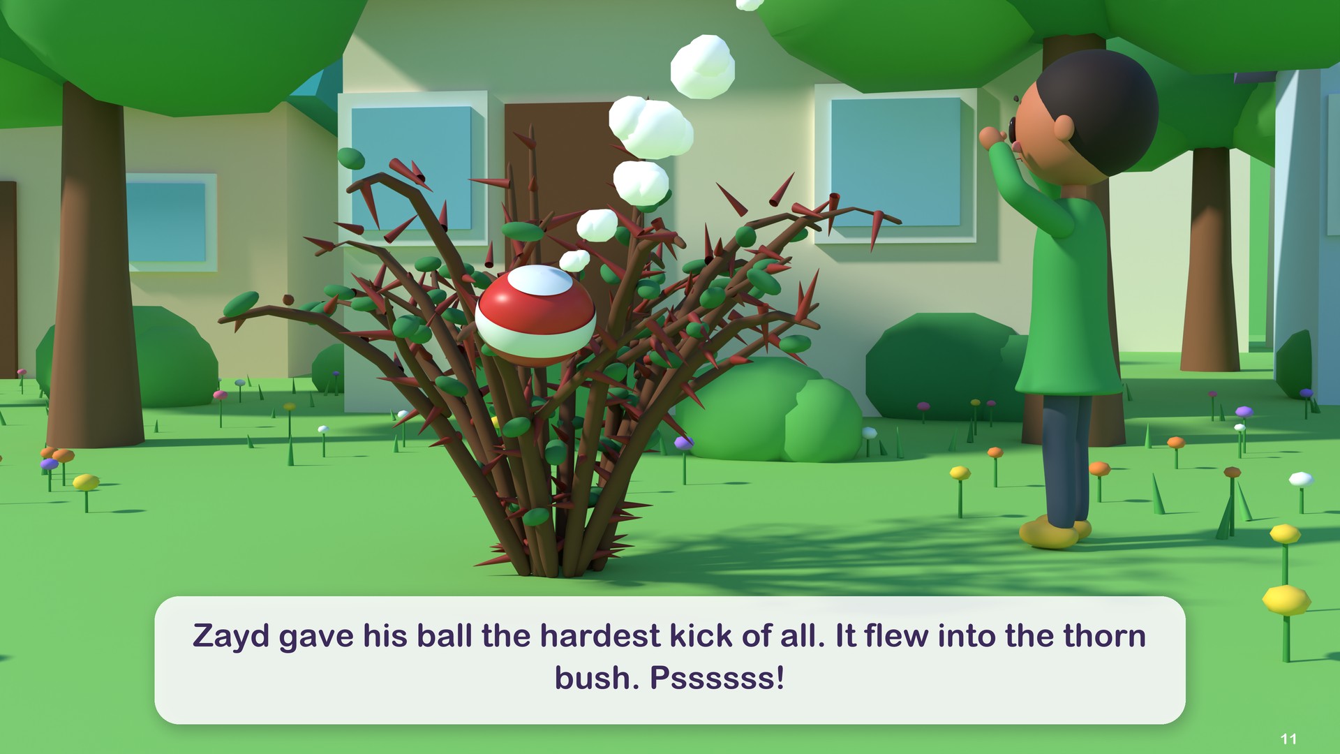 Zayd gave his ball the hardest kick of all. It flew into the thorn bush. Pssssss!