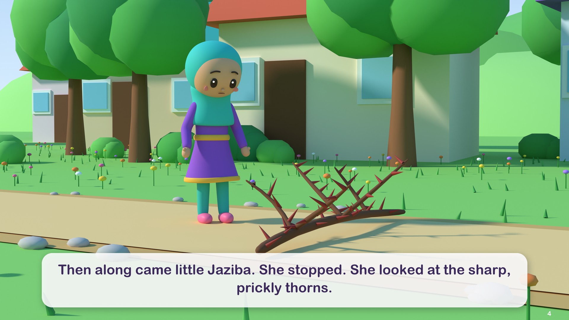 Then along came little Jaziba. She stopped. She looked at the sharp, prickly thorns.