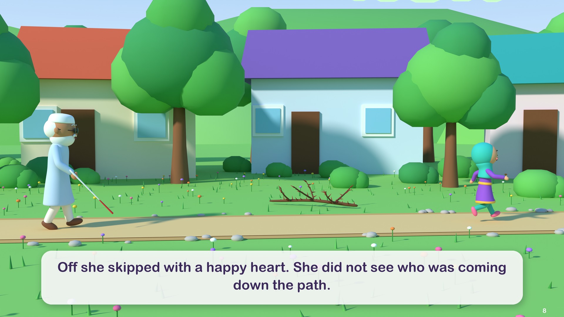 Off she skipped with a happy heart. She did not see who was coming down the path.
